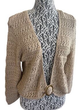 Vintage Gold Openwork Knit Women's Cardigan with Decorative Buckle
